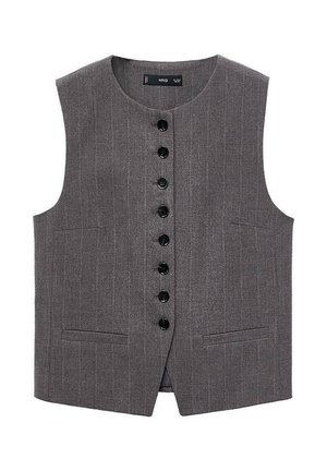 Gilet grigio senza maniche con motivo a righe, dotato di chiusura frontale con bottoni neri e due tasche frontali.
