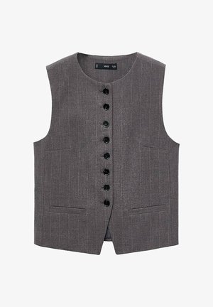 Graue ärmellose Weste mit Streifenmuster, ausgestattet mit einer vorderen Knopfleiste mit schwarzen Knöpfen und zwei vorderen Taschen.