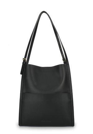 Black leather shoulder bag with adjustable double straps, rectangular shape, and front pocket, set against a white background.