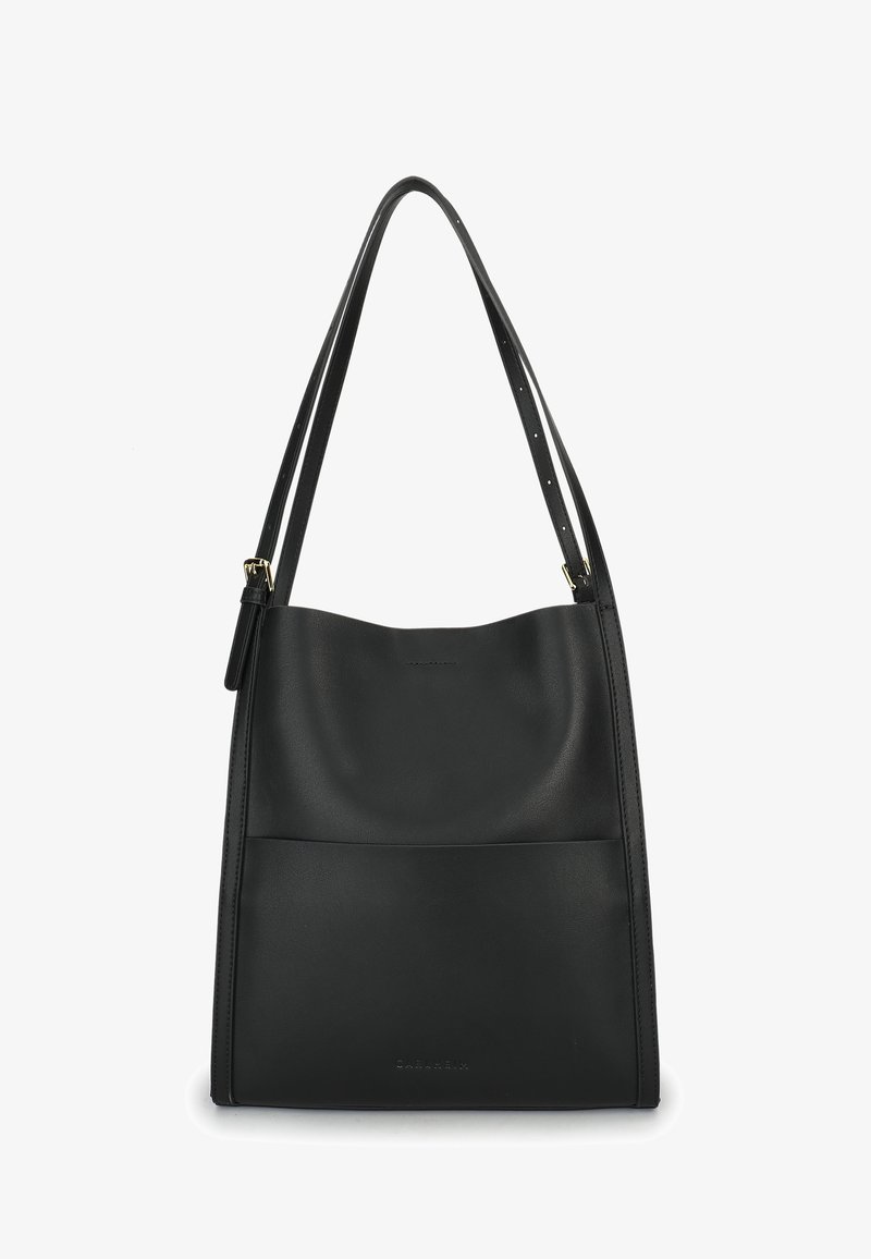 Sac à bandoulière en cuir noir avec bretelles doubles réglables, forme rectangulaire et poche avant, présenté sur un fond blanc.