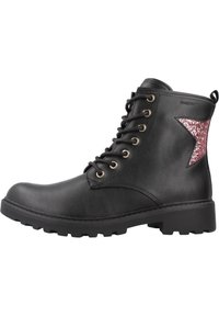 Stivaletti alla caviglia in pelle nera con superficie texture, occhielli dorati e un accento a forma di stella glitterata rosa sul lato. Suola in gomma spessa.