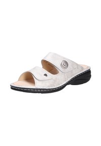 Silver leather sandal with two wide straps, open toe design, textured upper, and a black sole. Features a decorative round metal accent.