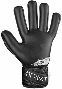 Schwarze Torwart-Handschuhe mit einer strukturierten Handfläche und glattem Rücken. Verfügt über ein verstärktes Handgelenkband und weiße Logos in der Nähe des Handgelenks.