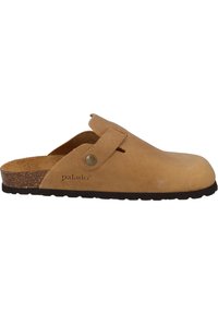 Cognac-colored leather clogs with a rounded toe, cork footbed, and a single adjustable strap. Features a textured surface and rubber sole.