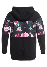 Schwarzer Hoodie mit einem Blumenmuster auf dem oberen Rücken und den Ärmeln. Mit Kängurutasche und gerippten Bündchen. Weicher, strukturierter Stoff.
