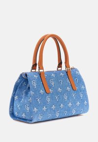 Denim handbag with brown leather handles, embroidered patterns, zip closure, rectangular shape, and a structured design.
