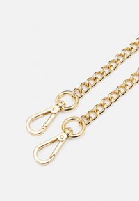 Gold metal chain featuring a series of interlocking links, with two snap hooks on each end for attachment. Smooth finish and shiny texture.