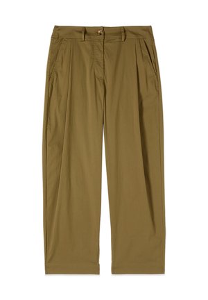 Khaki spodnie o szerokich nogawkach z szlufkami na pasek, zapinane na guzik z przodu, zamkiem błyskawicznym, bocznymi kieszeniami i zakładkami przy pasie.