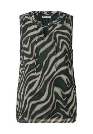 Ärmellose grüne Bluse mit einem Zebrastreifenmuster in Creme und Beige, einem Schlüsselloch-Ausschnitt und Kordelzugdetails.