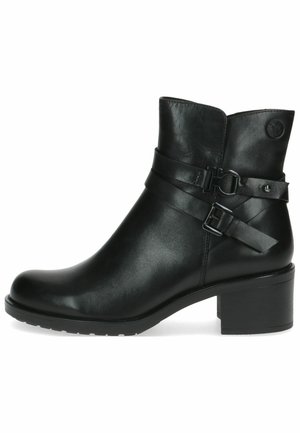 Schwarze Leder Stiefeletten mit einer runden Zehenpartie, einem mittelhohen Blockabsatz und zwei dekorativen Riemen mit Schnallen.