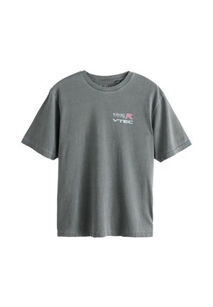 Gray cotton t-shirt with a crew neck, short sleeves, and printed text “CIVIC TYPE R VTEC” in white and pink on the front.