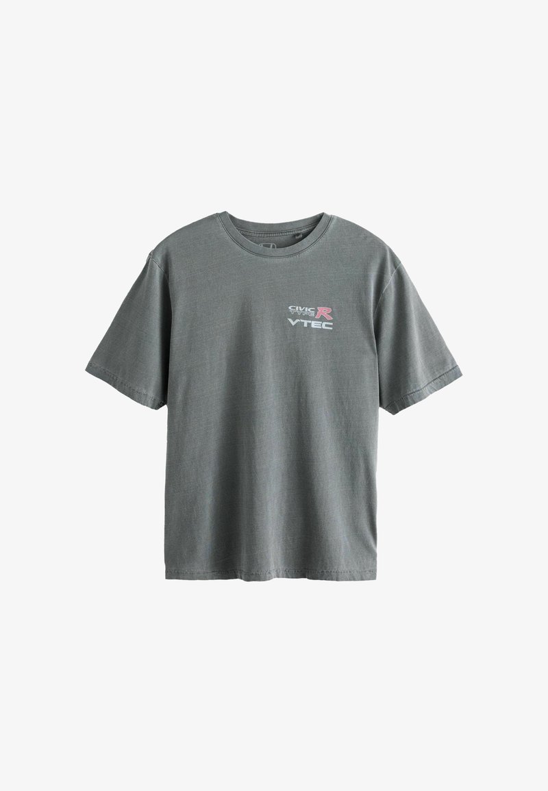 T-shirt en coton gris avec un col rond, des manches courtes et un texte imprimé "CIVIC TYPE R VTEC" en blanc et rose sur le devant.