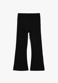 Schwarze, ausgestellte Leggings aus weichem Baumwollstoff mit einem elastischen Bund. Sie haben eine glatte Textur und eine maßgeschneiderte Passform. Keine sichtbaren Muster oder Akzente.