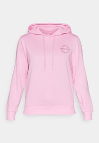 Rosa Kapuzenpullover aus weichem Stoff, mit verstellbarem Kapuzenzug, gerippten Bündchen und Saum sowie einem kreisförmigen Grafikdesign auf der Brust mit Text.