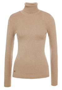 Beige ribbad polotröja gjord av mjukt stickat tyg, med långa ärmar och en figurnära design med en liten logodetalj vid kanten.