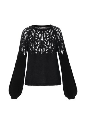 Sort strikket sweater med et blonder-lignende mønster på forstykket, lange ærmer med en luftig form og en rund halsudskæring.