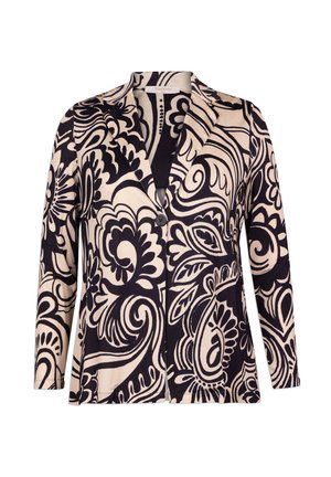 Blazer noir et crème à motif floral, manches 3/4, col à revers, fermeture par un bouton unique et texture de tissu lisse.