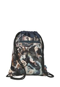 Bolsa con cordones ajustables y bolsillo frontal con cremallera, que presenta un patrón abstracto en tonos terrenales apagados.
