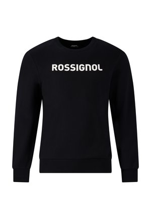 Sweat-shirt noir à manches longues avec poignets et ourlet côtelés, arborant le mot "ROSSIGNOL" en lettres blanches épaisses sur la poitrine.
