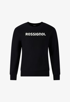 Sweat-shirt noir à manches longues avec poignets et ourlet côtelés, arborant le mot "ROSSIGNOL" en lettres blanches épaisses sur la poitrine.
