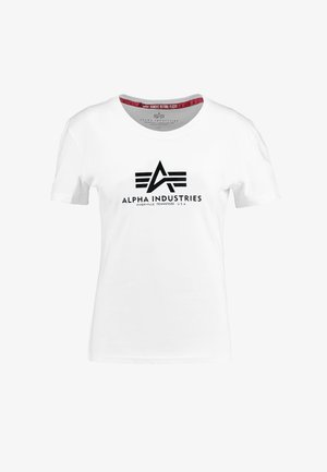White cotton t-shirt featuring a black logo with stylized "A" and horizontal lines. Machine-stitched crew neck, short sleeves.