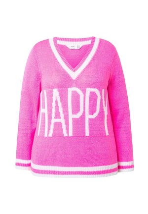 Hellrosa gestrickter Pullover mit weißen Streifen und dem Wort „HAPPY“ in großen weißen Buchstaben auf der Vorderseite, mit V-Ausschnitt.