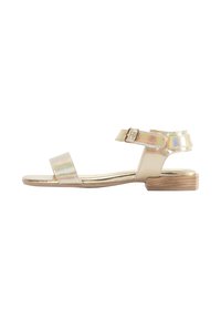 Gouden sandalen met een lage houten blokhak, voorzien van een metallic iriserende bovenkant en een verstelbare enkelband met een gesp.