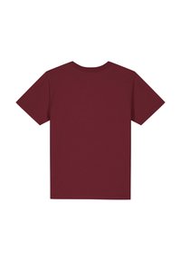 T-shirt bourgogne à manches courtes, col rond, fabriqué en coton doux, avec une texture lisse et un design simple et uni, sans motifs supplémentaires.