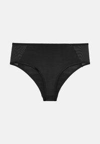 Sous-vêtement noir de style bikini avec un corps principal lisse et des panneaux latéraux en maille transparente, une taille mi-haute et des détails de couture minimalistes.
