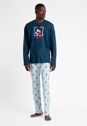 Pijama de manga larga azul con diseño de "Mickey Mouse". Pantalones a rayas de color azul claro con estampado de Mickey Mouse. Material de mezcla de algodón.