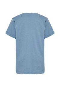 Ljusblå bomulls-T-shirt med korta ärmar, rund halsringning, enfärgad design, mjuk textur, med rak fåll och minimala sömdetaljer.