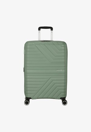 Valigia rigida di colore verde chiaro opaco, con linee diagonali testurizzate, manico telescopico e quattro ruote per la mobilità.