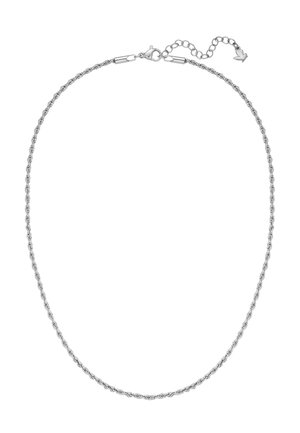 Collar de cadena de cuerda torcida de plata con cierre de langosta y cadena de extensión ajustable que termina en un charm con forma de flecha.