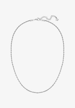 Collier en chaîne torsadée argentée avec fermoir mousqueton et chaîne d'extension réglable se terminant par un pendentif en forme de flèche.