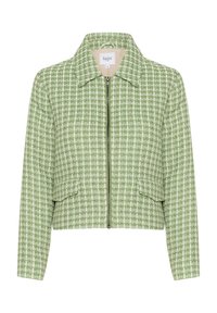Zelená a bílá kostkovaná zkrácená bunda s límcem, zapínáním na zip a dvěma předními kapsami, vyrobená z texturované látky.