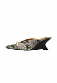 Pointed-toe wedge mules in black and gray snake print. Features a smooth upper, open back, and a gold hardware accent on the vamp.