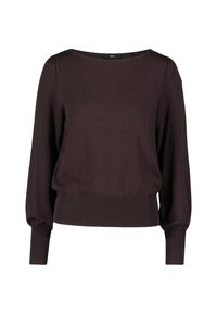 Pull marron foncé à manches longues avec un col rond, des épaules légèrement bouffantes et des poignets et un ourlet côtelés.