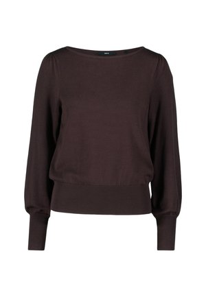 Pull marron foncé à manches longues avec un col rond, des épaules légèrement bouffantes et des poignets et un ourlet côtelés.