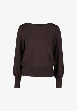 Sötétbarna, hosszú ujjú pulóver kerek nyakkivágással, enyhén puffos vállakkal, bordázott mandzsettákkal és aljjal.