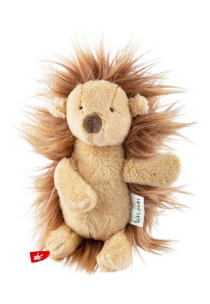 Plush hedgehog toy with tan fur, a light brown body, and spiky, brown plush mane. Features small ears and a brown nose.