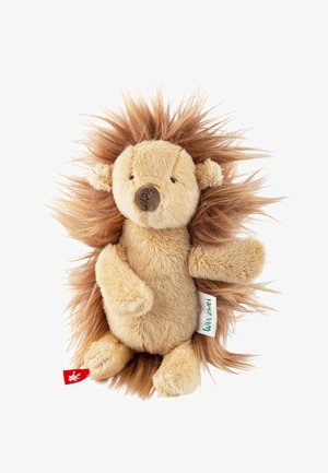 Plush hedgehog toy with tan fur, a light brown body, and spiky, brown plush mane. Features small ears and a brown nose.