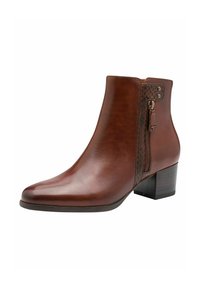 Brown leather ankle boot with a pointed toe, side zipper, and textured detailing on the shaft. Block heel and smooth finish.