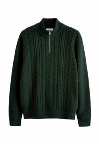 Suéter de punto de color verde oscuro con un alto cuello, cierre delantero con cremallera, patrones texturizados que incluyen trenzas y un dobladillo y puños acanalados.
