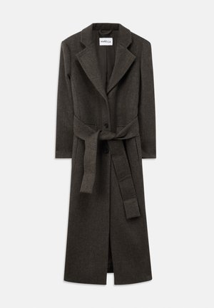 Dark grey wool trench coat featuring a notched collar, single button closure, belted waist, long sleeves, and a straight cut.