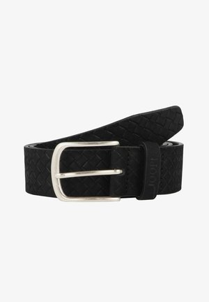 Cintura in pelle intrecciata nera con fibbia rettangolare in metallo argentato e anello in pelle con logo. Texture liscia con un design intrecciato distintivo.