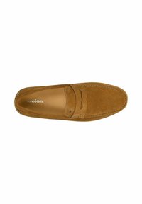 Braune Wildleder-Mokassins mit einer gestickten Akzentuierung und einem rutschfesten Design. Verfügt über ein glattes Innenfutter und eine leicht spitz zulaufende Zehenpartie.