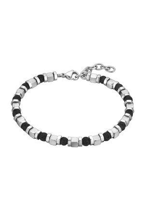 Pulsera con cuentas hexagonales plateadas mate alternadas con cuentas negras redondas texturizadas, con cierre de plata y cadena ajustable.