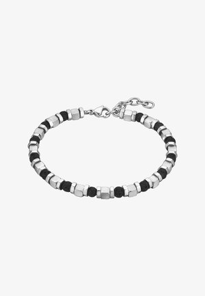 Pulsera con cuentas hexagonales plateadas mate alternadas con cuentas negras redondas texturizadas, con cierre de plata y cadena ajustable.