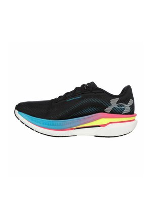 Black Under Armour running shoe with blue, pink, and yellow gradient midsole and white logo on the heel.