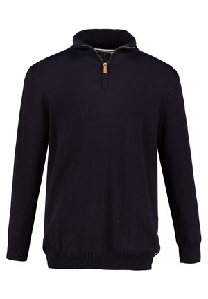 Navy zip-neck pullover sweater, made of knitted fabric. Features long sleeves, ribbed cuffs, and a contrasting zipper pull with orange accent.
